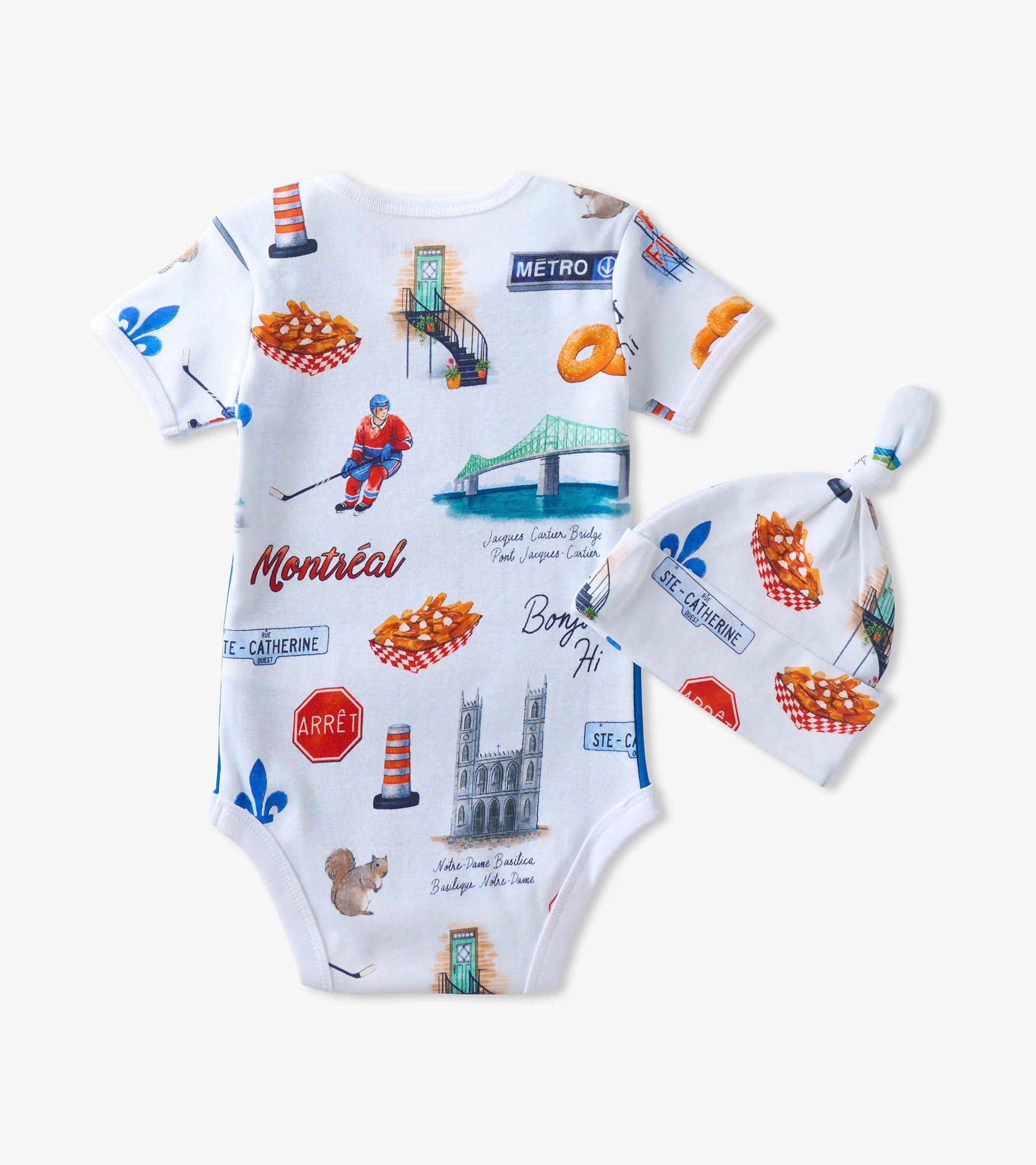 Back of baby bodysuit and knot hat with Montreal print, poutine, bridge, hockey player and street signs