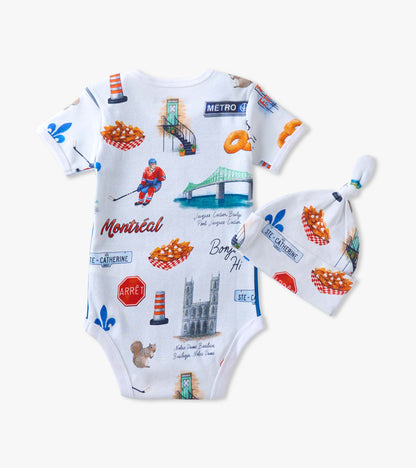 Back of baby bodysuit and knot hat with Montreal print, poutine, bridge, hockey player and street signs