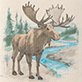 View Moose Reusable Swedish Dish Cloth - Moose standing by a snowy stream with pine trees in the background