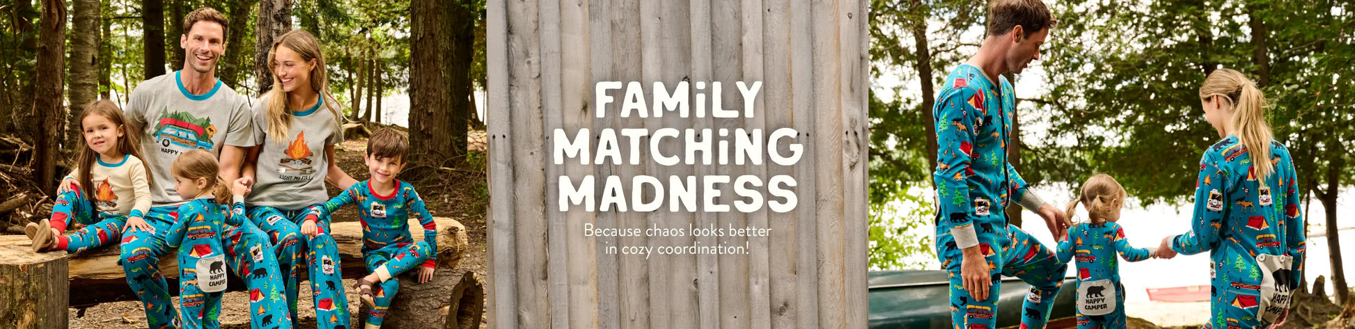 Promotes family matching sleepwear. Showing family of five in coordinated camp-themed pajamas outdoors by the lake.