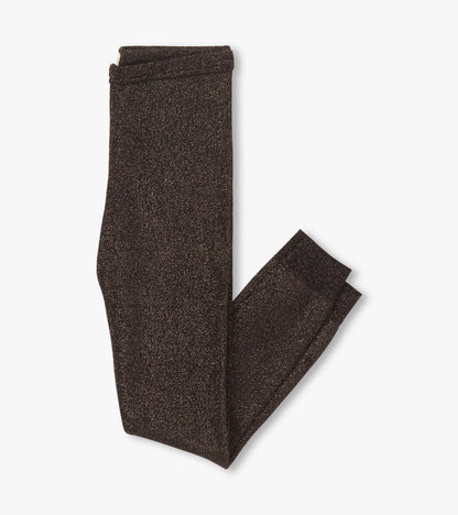 Black glitter leggings with a stretchy fit, suitable for girls, showcasing a shimmering texture.