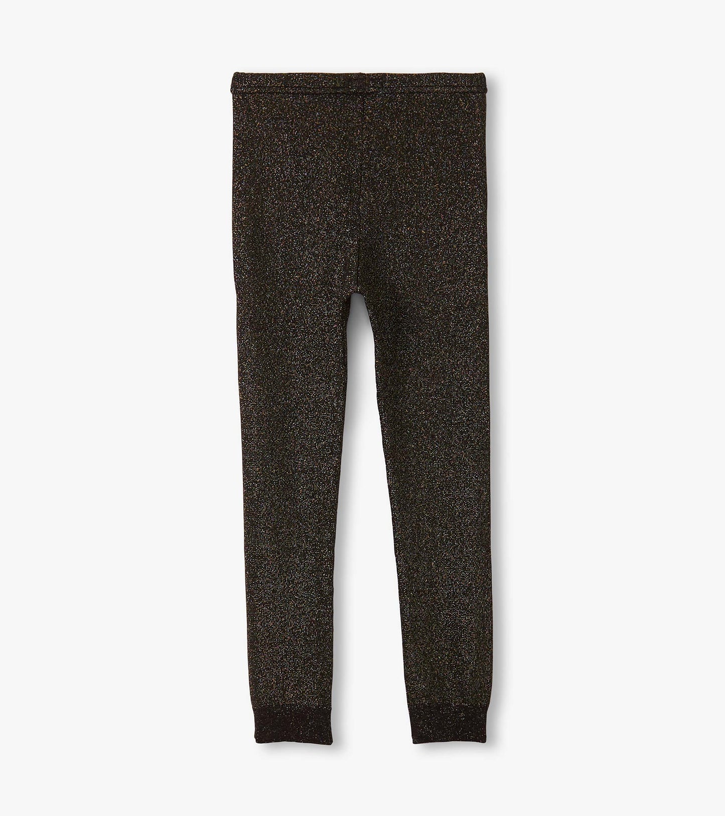 Black glitter leggings with a stretchy waistband, designed for girls, showcasing a shimmering finish.