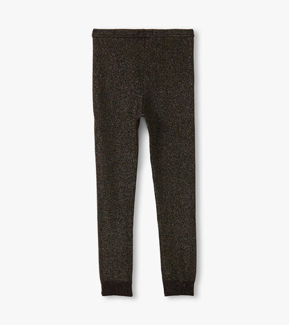 Black glitter leggings with a stretchy waistband, designed for girls, showcasing a shimmering finish.
