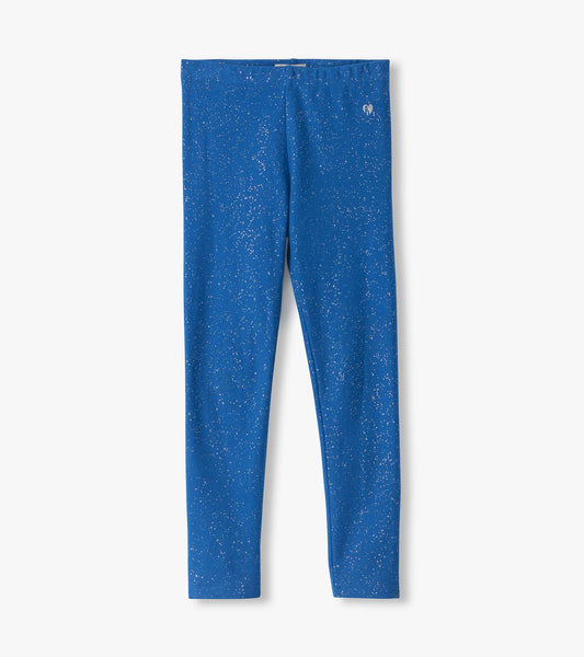 Kids cobalt blue leggings with allover silver speckle print and a small logo near the waistband