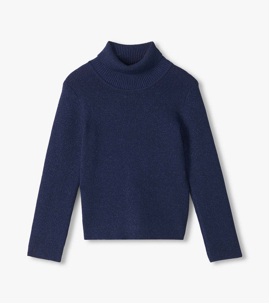 Blue glitter turtleneck sweater with long sleeves and ribbed cuffs and hem