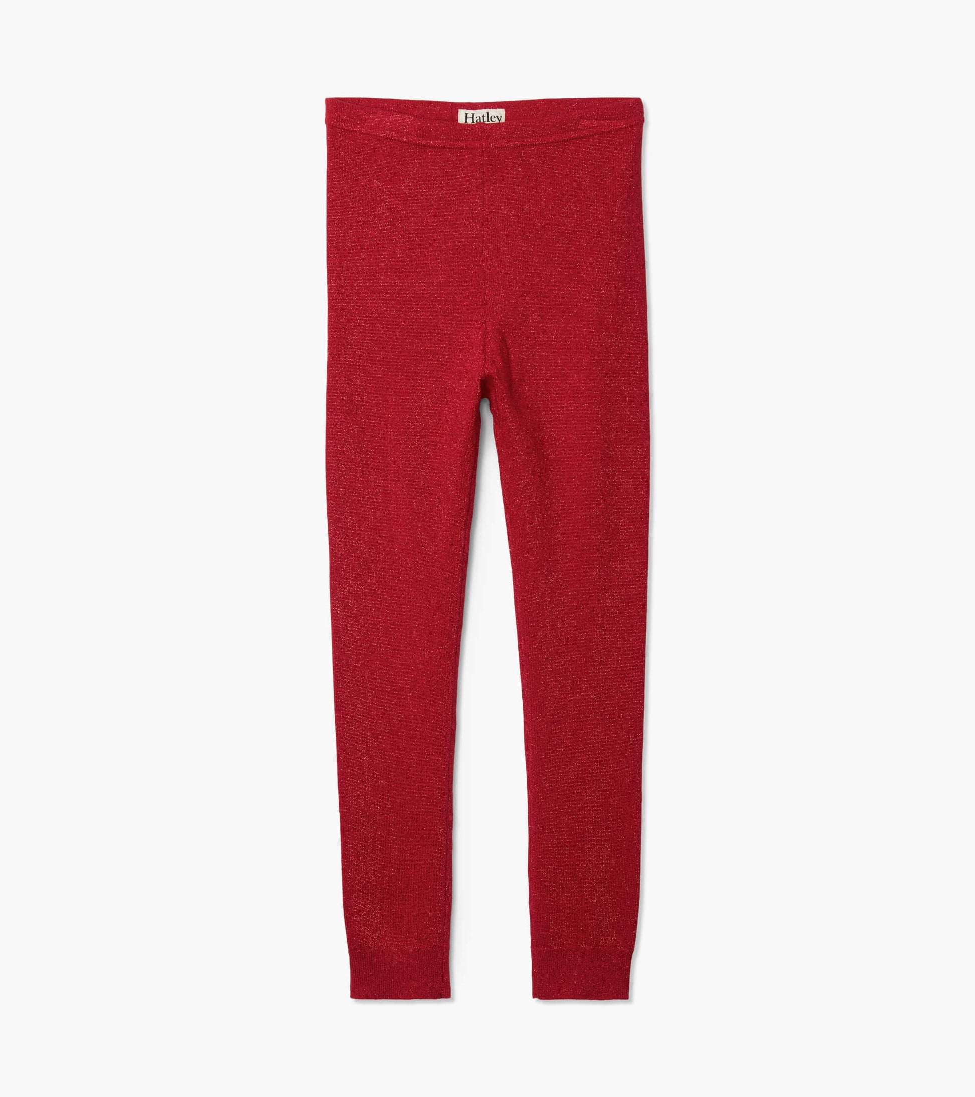 Red shimmer knit leggings with a fitted design, suitable for girls.