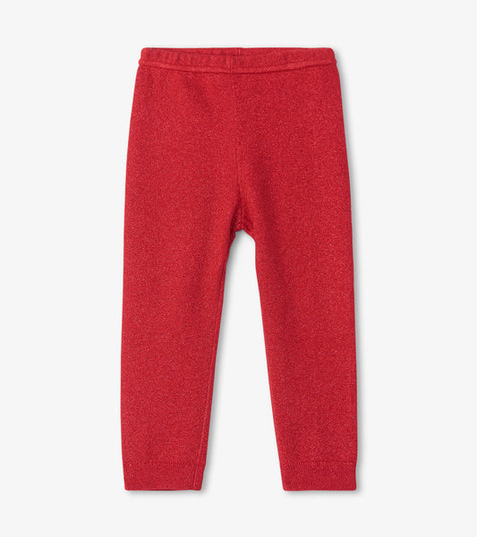 Red shimmer cable knit leggings with a snug fit and elastic waistband, suitable for infants.