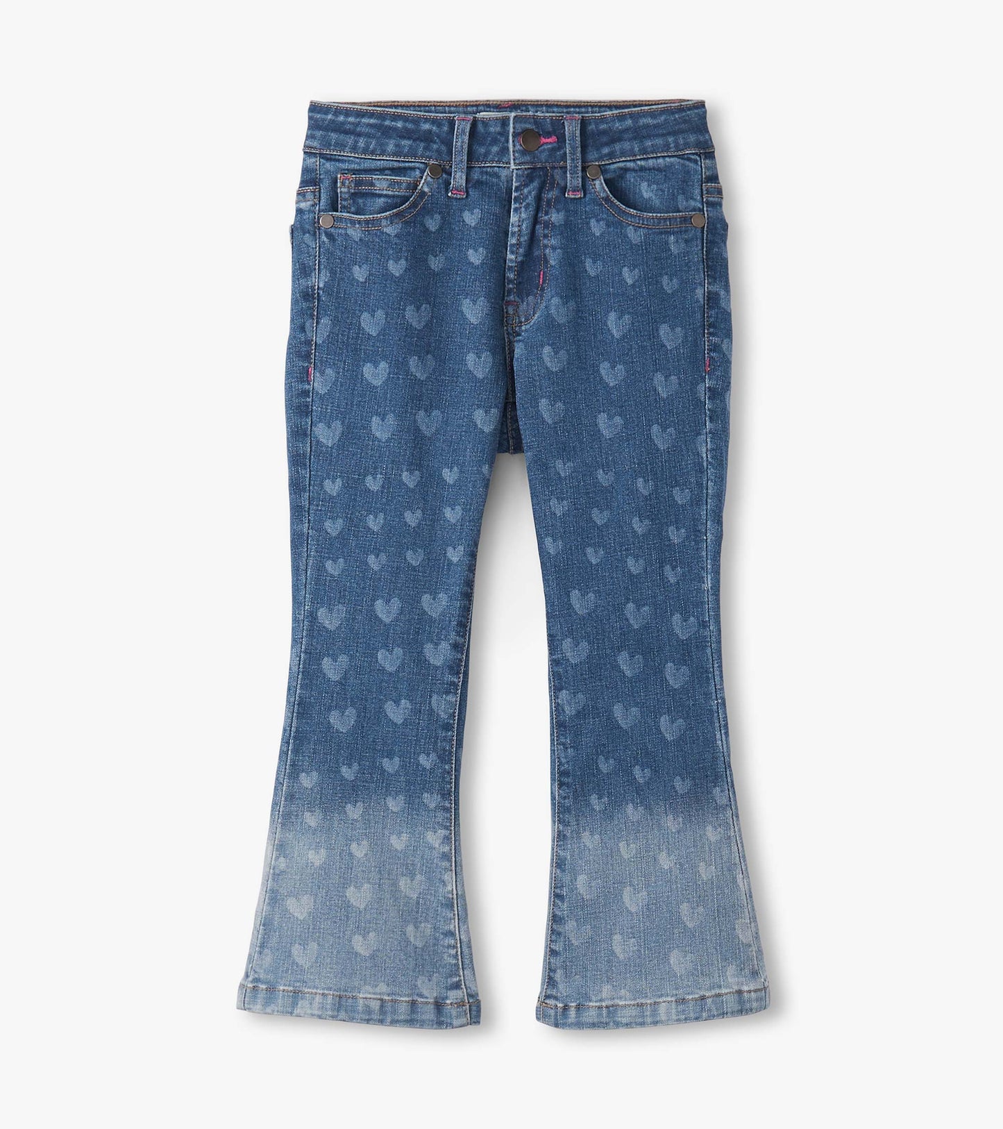 Flared leg denim jeans in blue with a heart pattern, featuring a light wash at the hem and classic five-pocket styling.