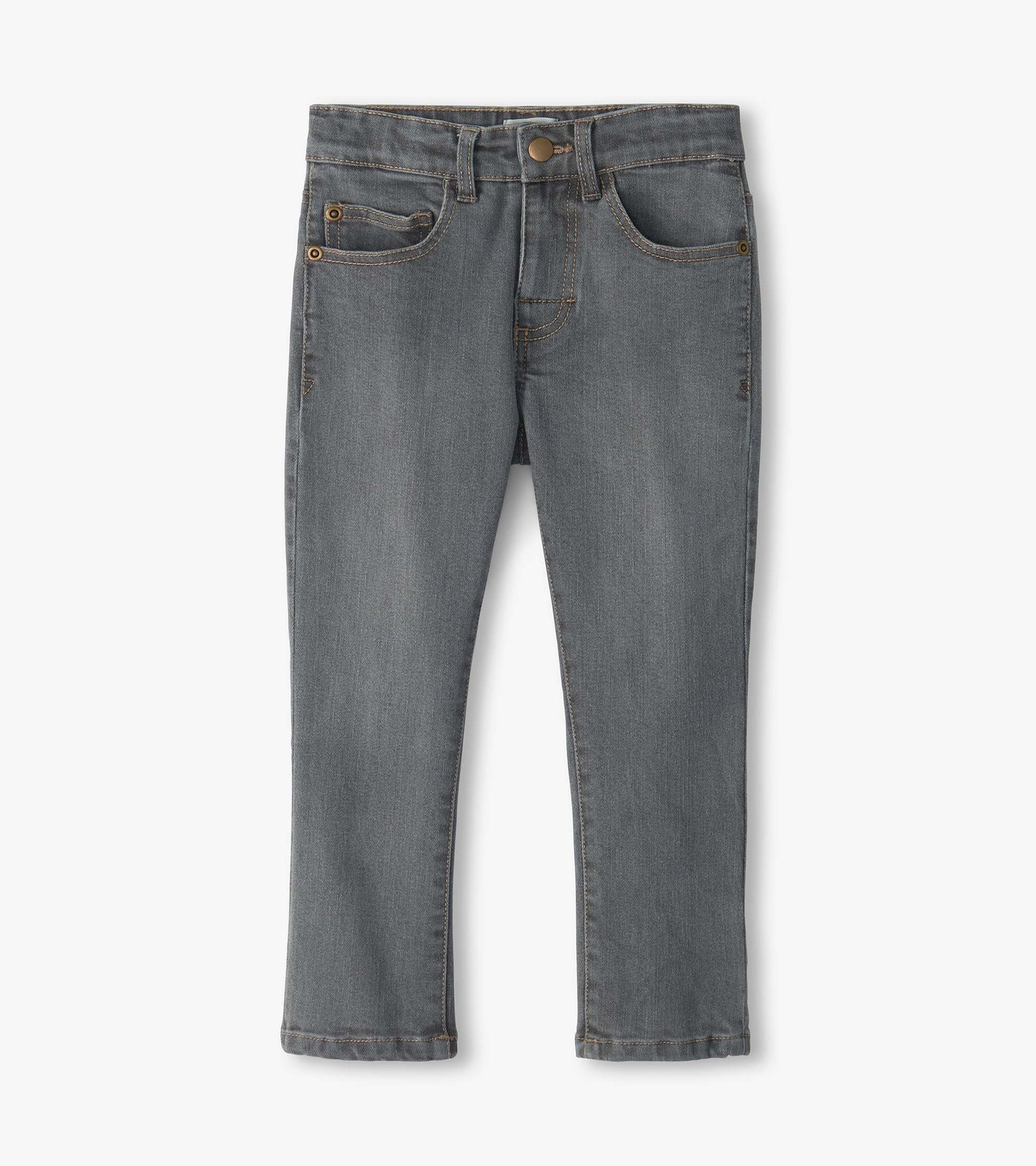 Front view of charcoal grey denim jeans with five-pocket styling and tapered legs