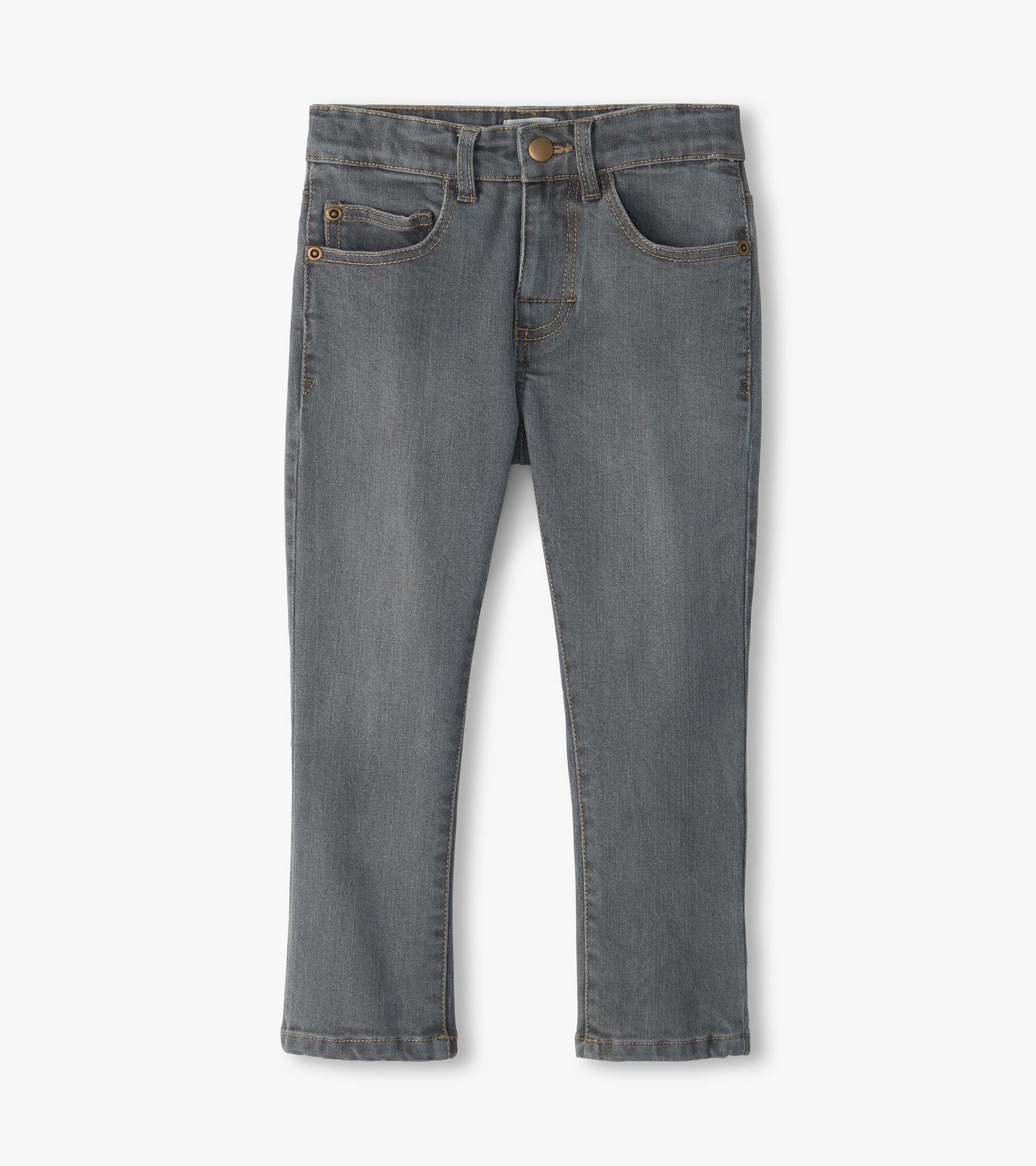 Front view of charcoal grey denim jeans with five-pocket styling and tapered legs