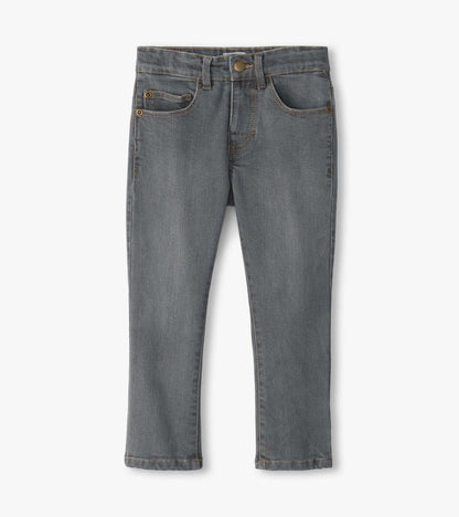 Front view of charcoal grey denim jeans with five-pocket styling and tapered legs