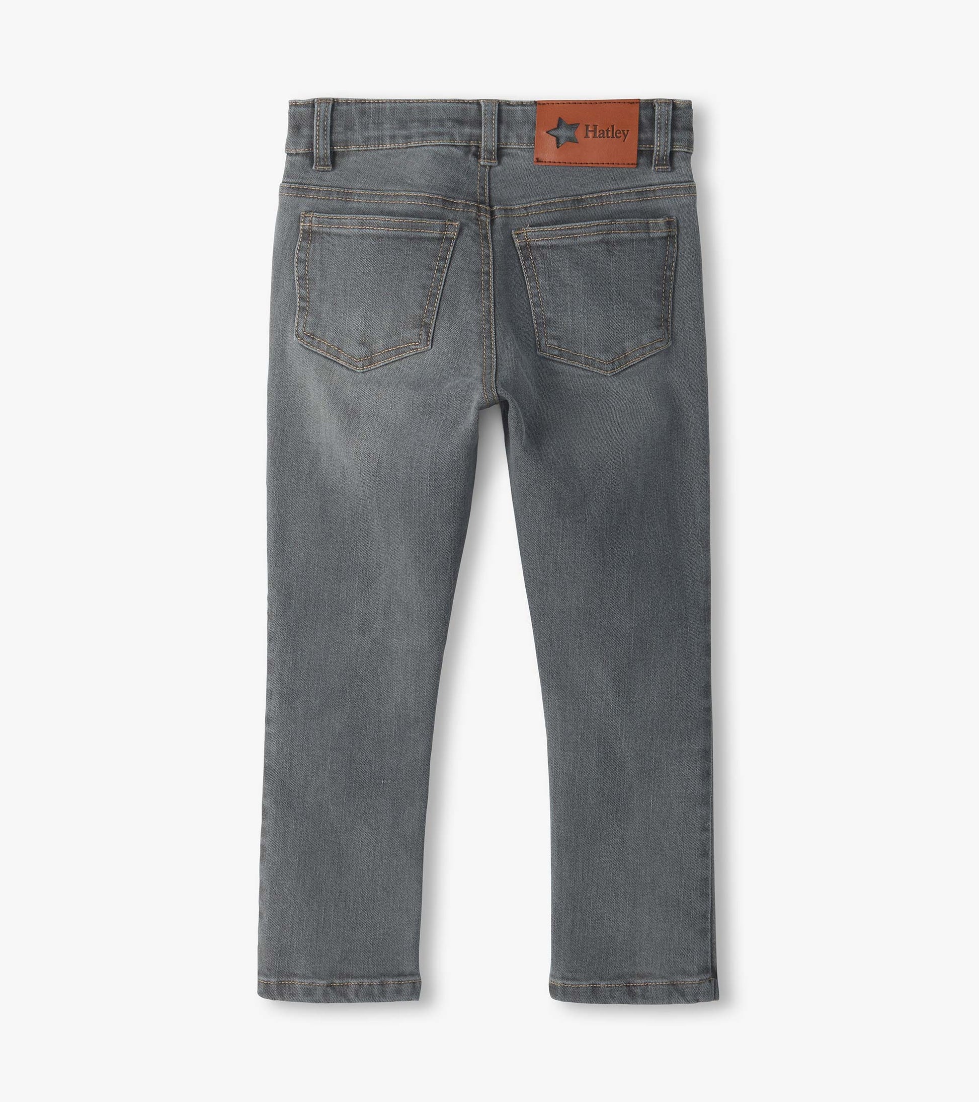 Back view of charcoal grey denim jeans with two back pockets and visible Hatley waistband patch
