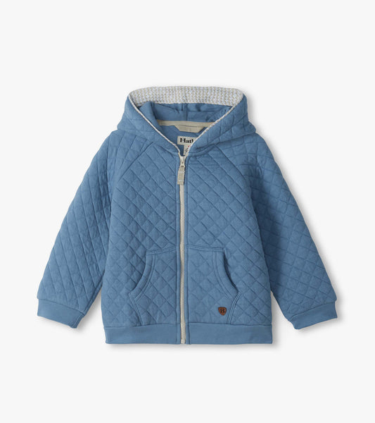 Front view of faded blue quilted hoodie with zip front, kangaroo pockets, hood, and ribbed cuffs and hem