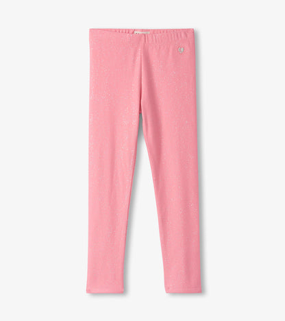 Pink leggings with a sparkly pattern, featuring an elastic waistband for comfort.