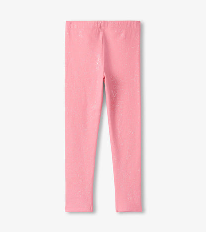 Pink leggings with a soft, stretchy fabric and a subtle glitter pattern, designed for girls.