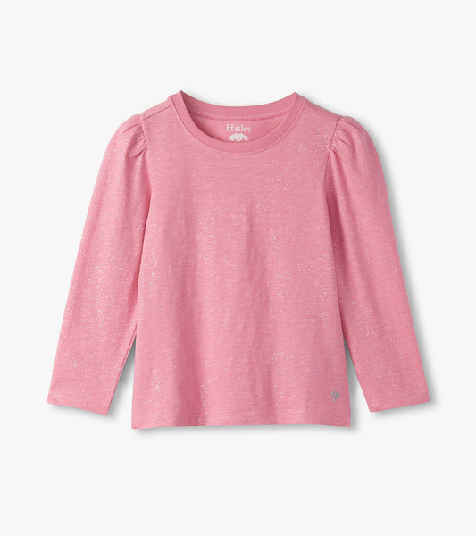 Girls pink long sleeve T-shirt with silver shimmer speckles, puff shoulders, and a round neckline