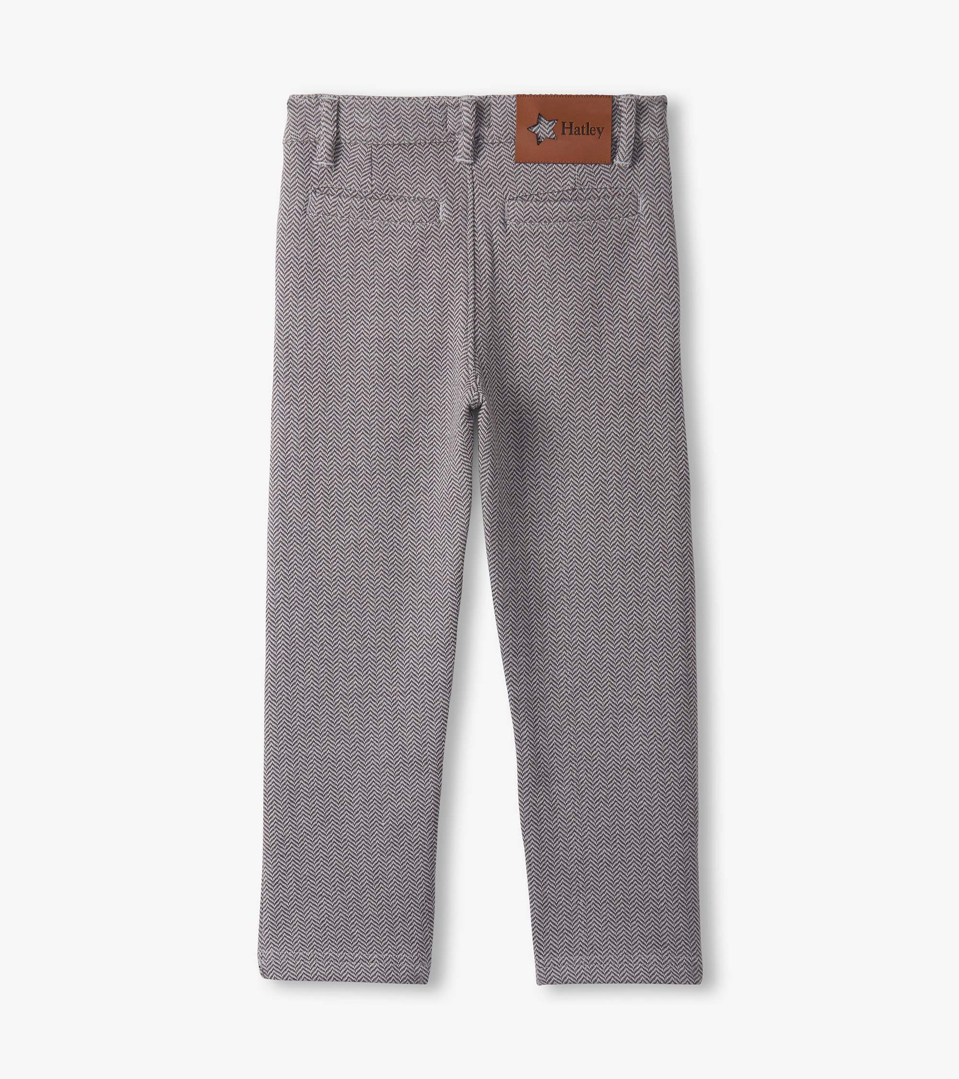 Dark grey herringbone straight leg pants with a leather label on the back, suitable for boys.