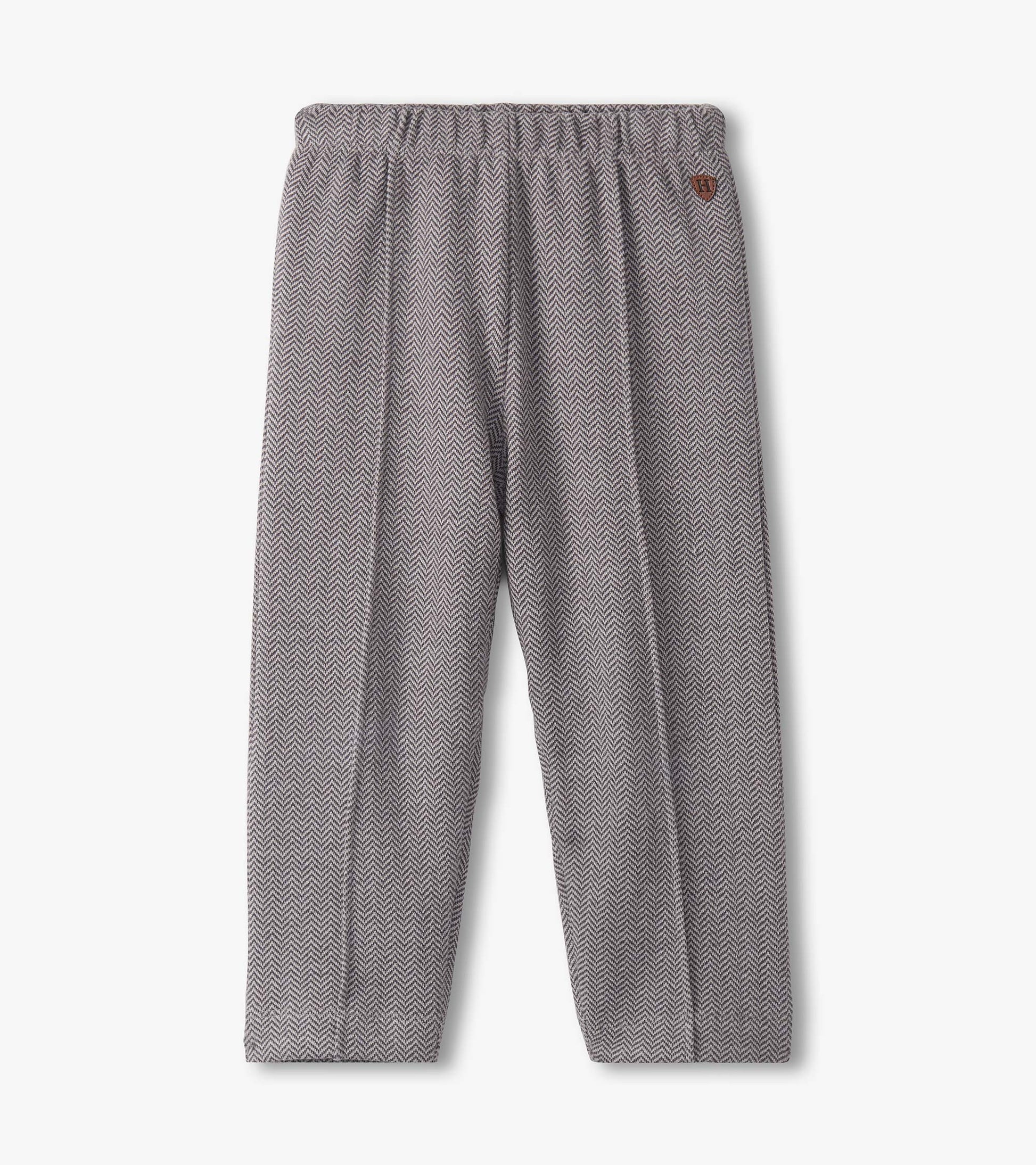 Dark grey stretch herringbone pants with an elastic waistband for baby and toddler boys.