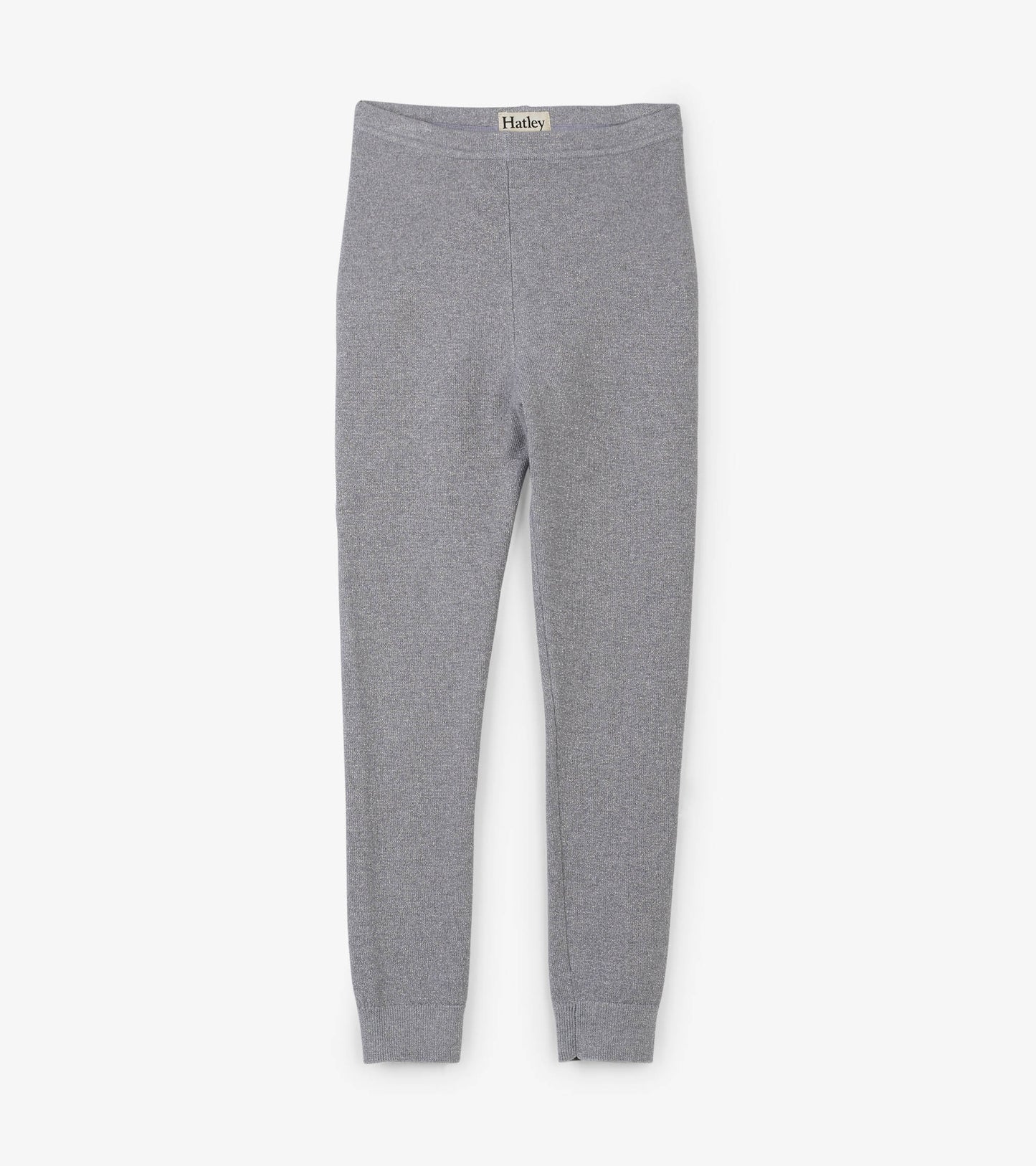 Gray cable knit leggings with a shimmer finish, featuring a stretchy waistband and fitted ankle cuffs.