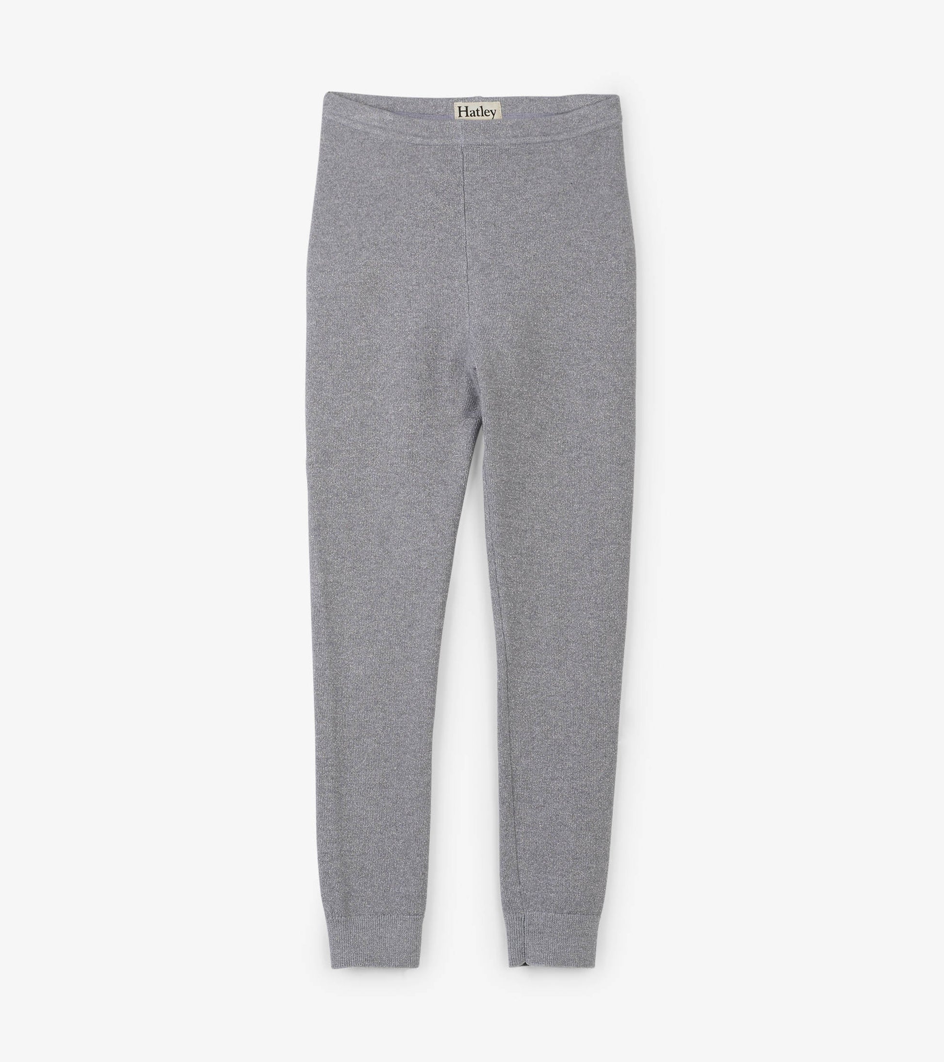 Gray cable knit leggings with a shimmer finish, featuring a stretchy waistband and fitted ankle cuffs.