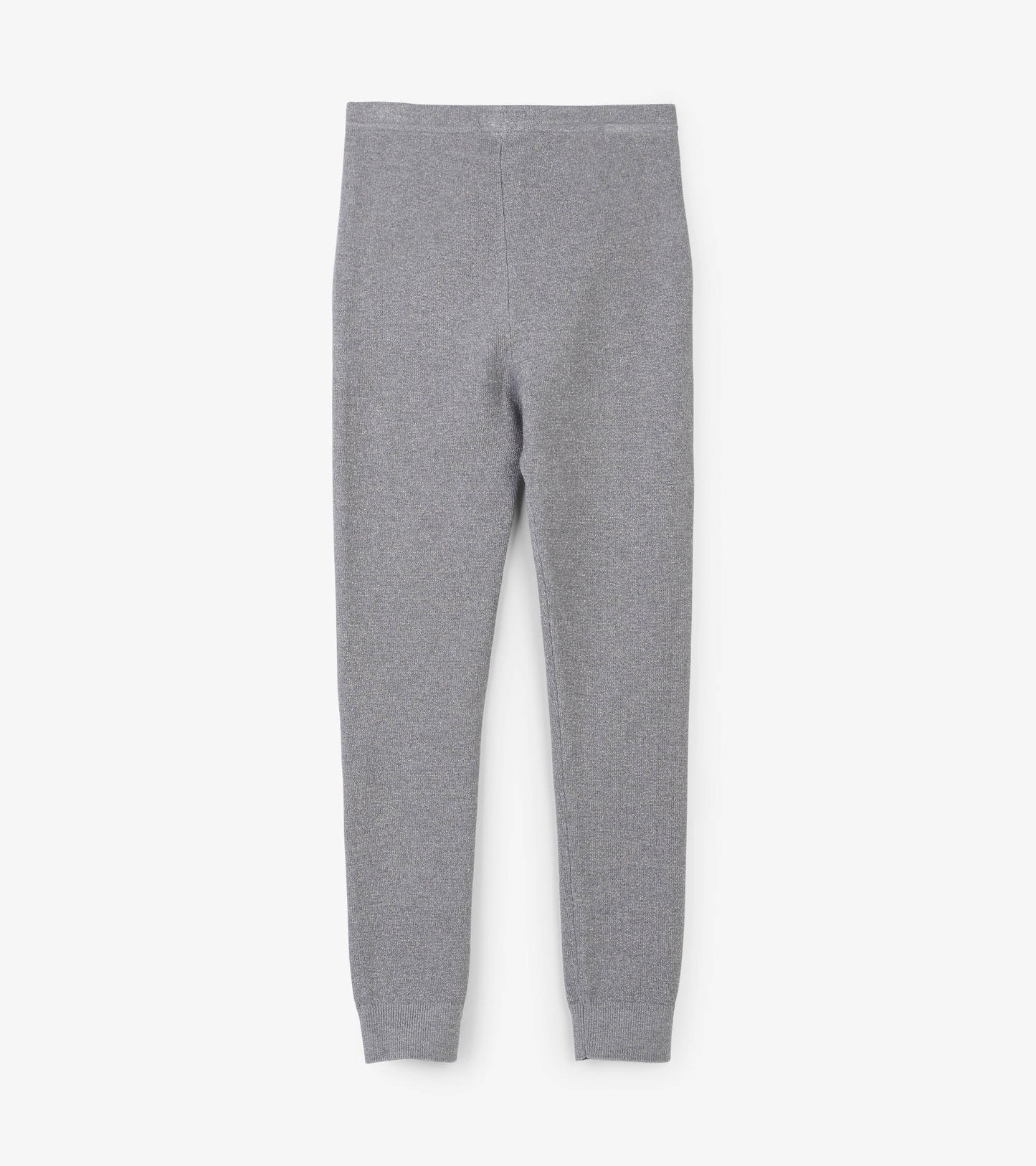 Gray cable knit leggings with a shimmer finish, featuring a fitted design and elastic waistband.