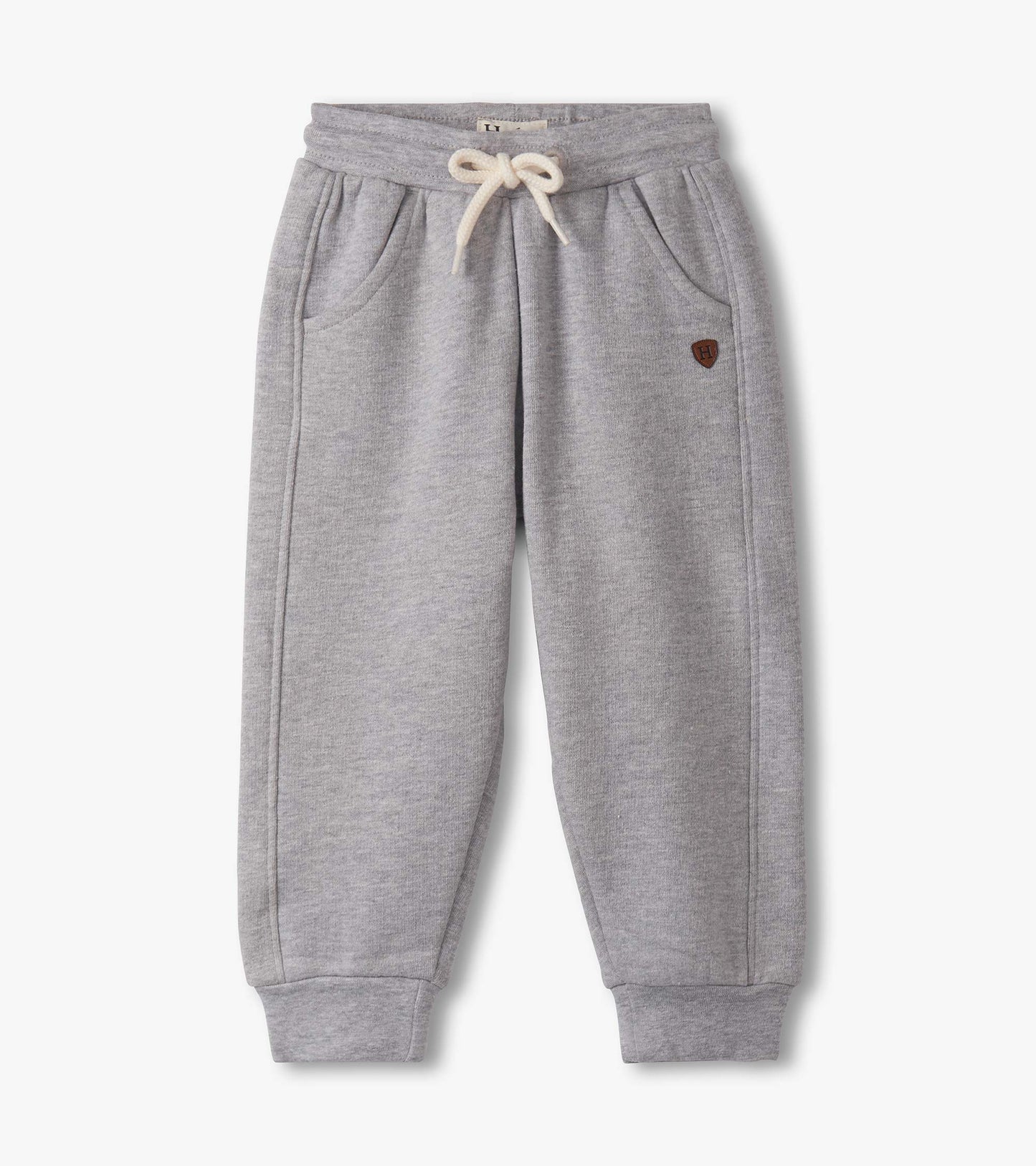 Grey athletic track pants for baby and toddler boys, featuring a drawstring waist and side pockets.