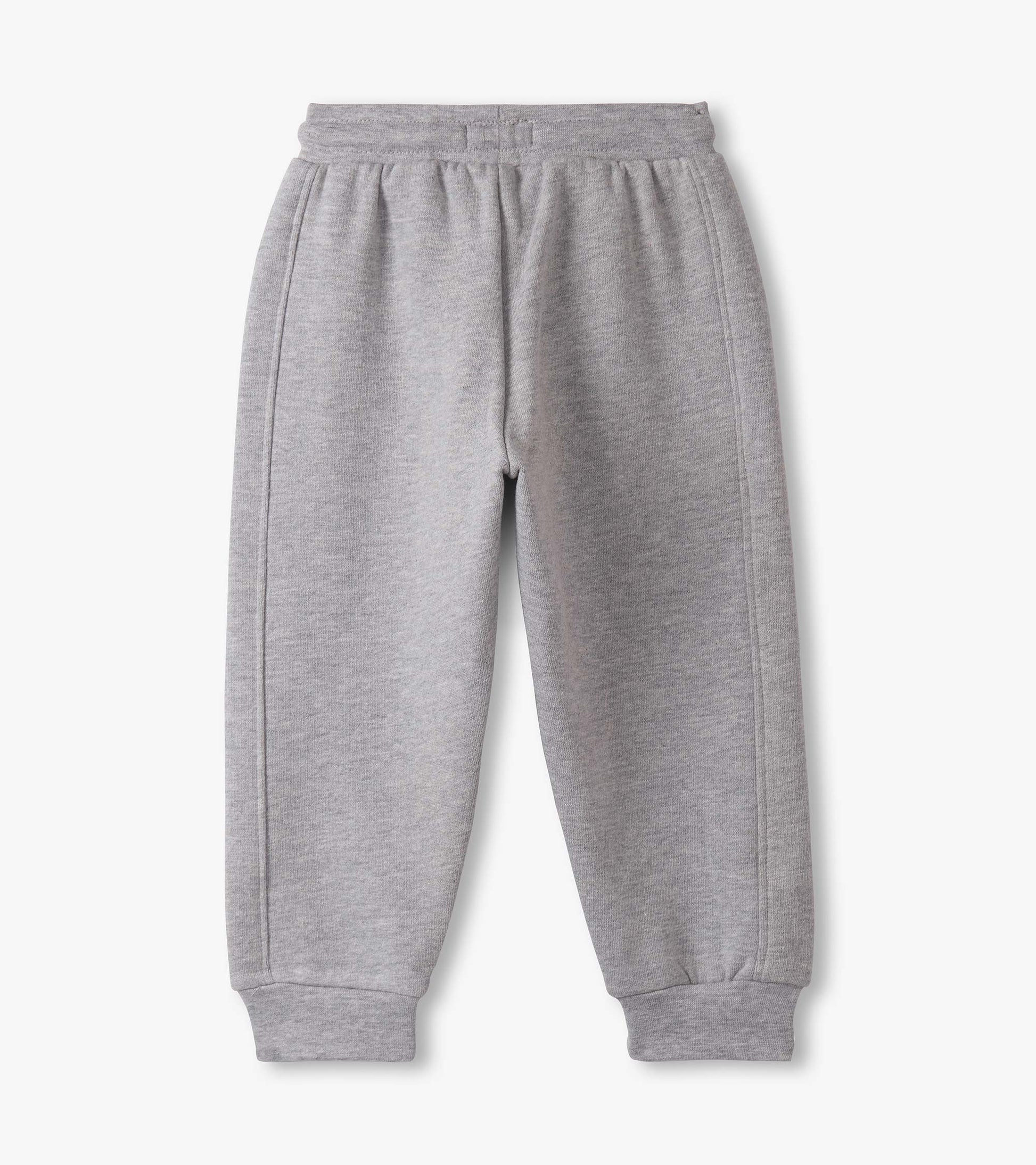 Grey athletic track pants for baby and toddler boys, featuring an elastic waistband and cuffed ankles.