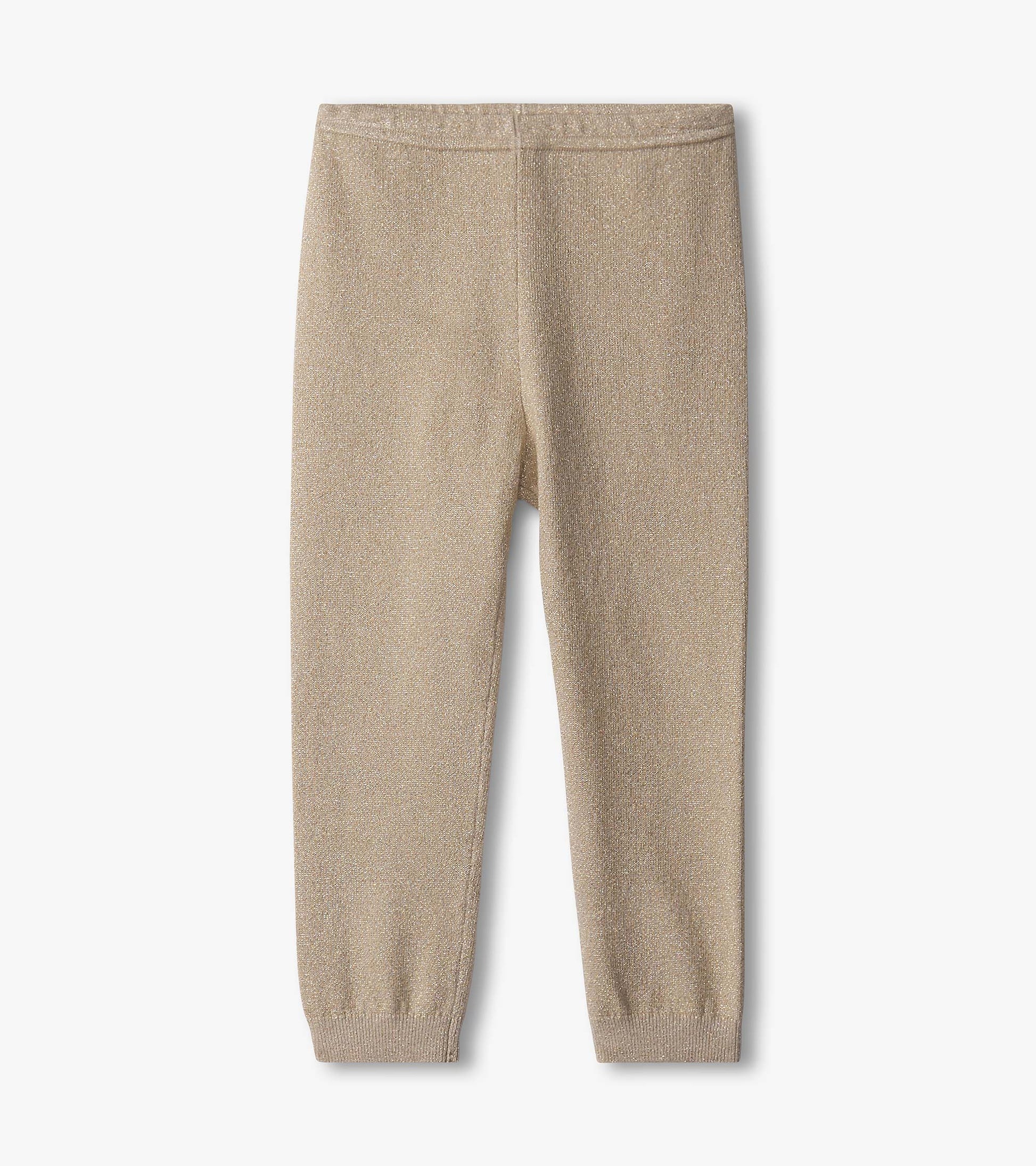 Gold glitter leggings for baby girls, featuring a soft, stretchy fabric and elastic waistband.