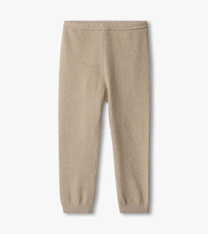 Gold glitter leggings for baby girls, featuring a soft, stretchy fabric and elastic waistband.