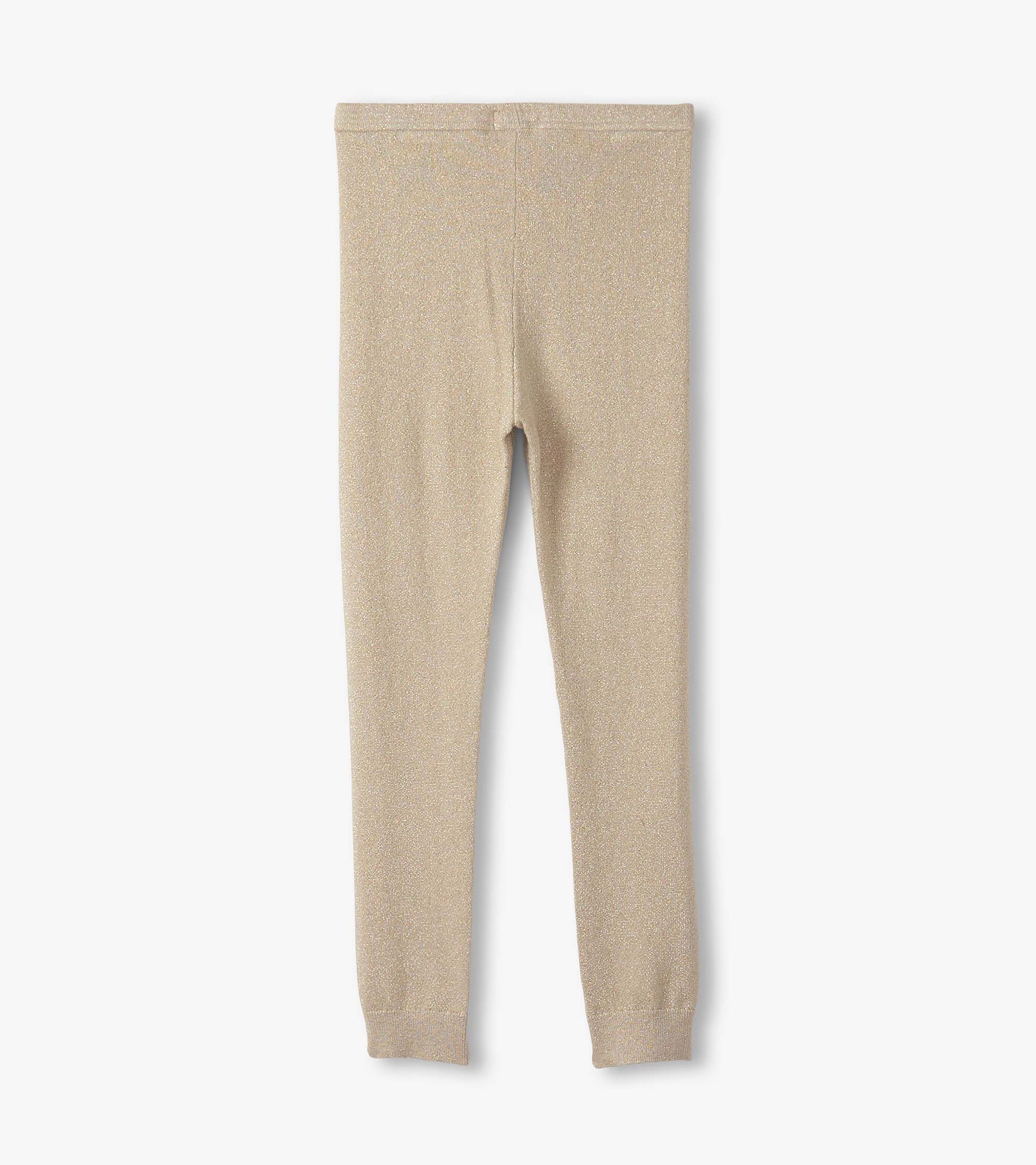 Gold glitter leggings with a soft, stretchy fabric, featuring a fitted design and elastic waistband.