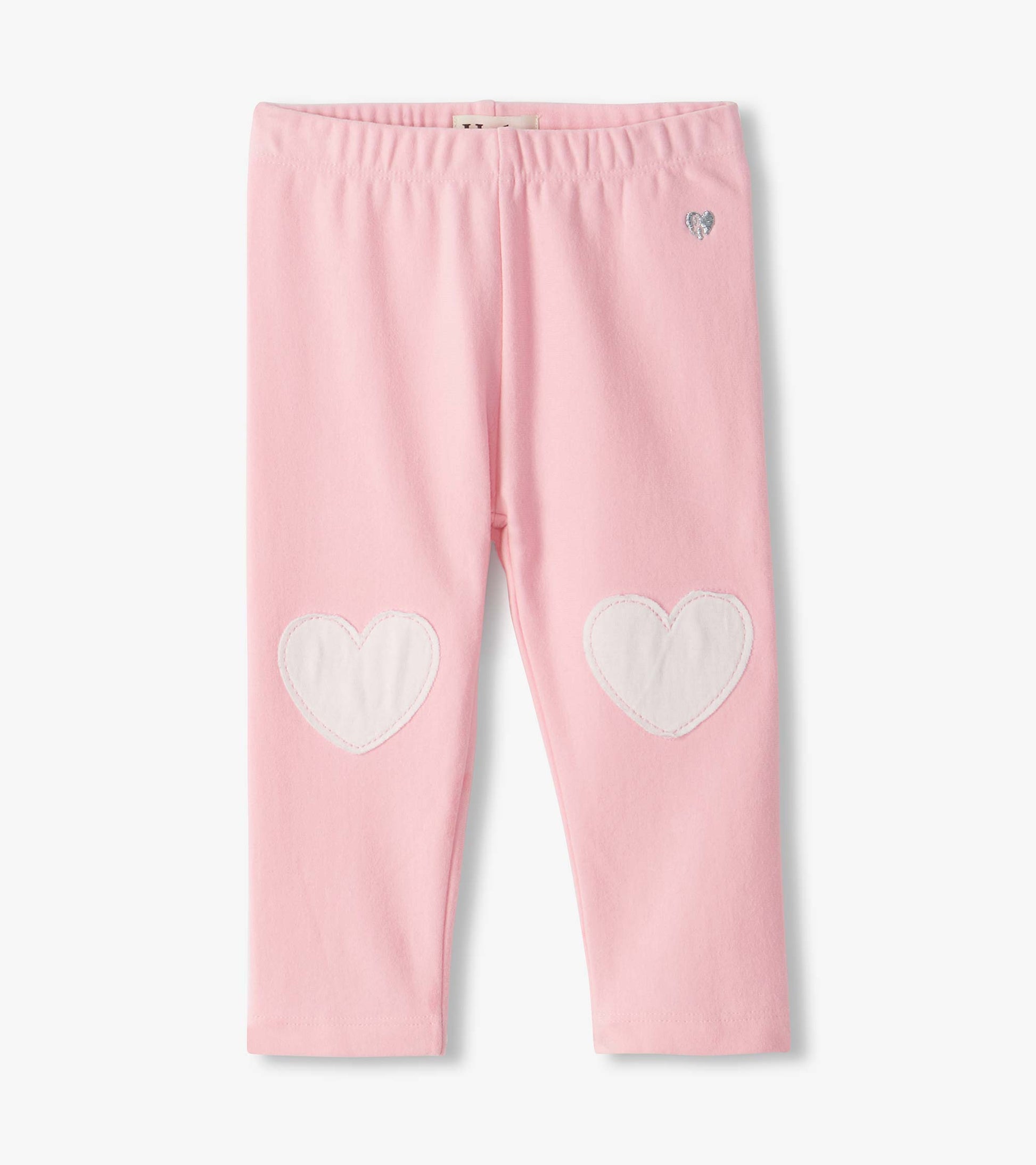 Front view of orchid pink infant leggings with white heart knee patches and elastic waistband