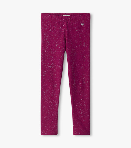 Raspberry pink girls leggings with silver speckled pattern and small heart detail at the waist