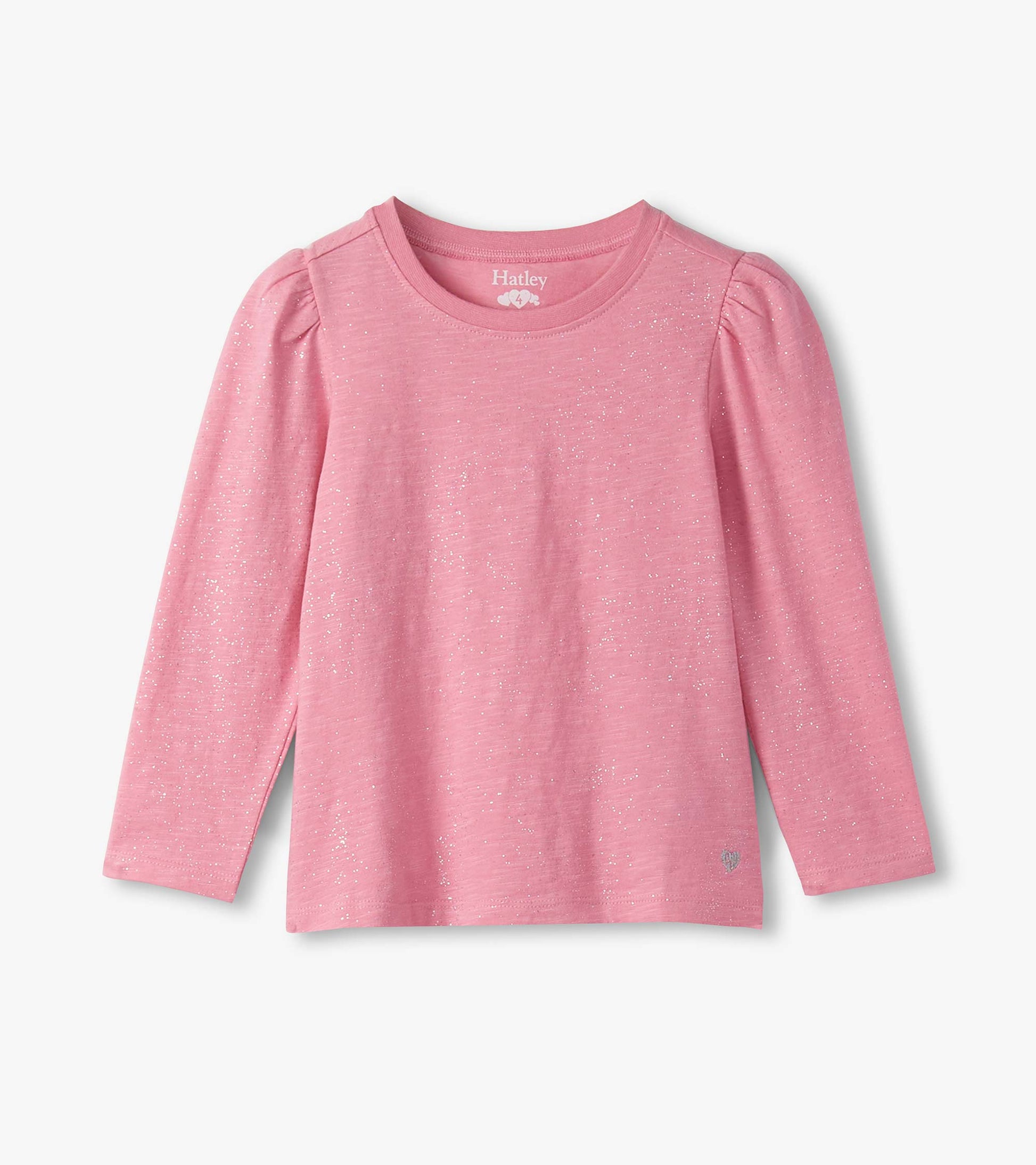 Pink long-sleeve tee with puff sleeves and subtle sparkle detail, perfect for casual wear.
