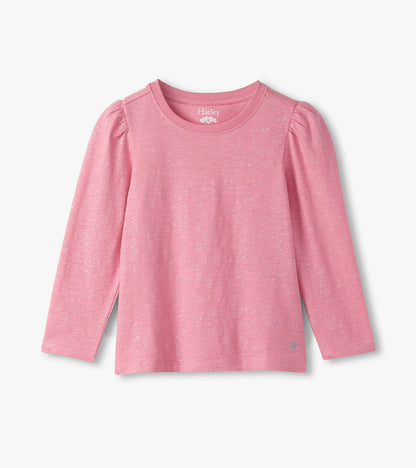 Pink long-sleeve tee with puff sleeves and subtle sparkle detail, perfect for casual wear.