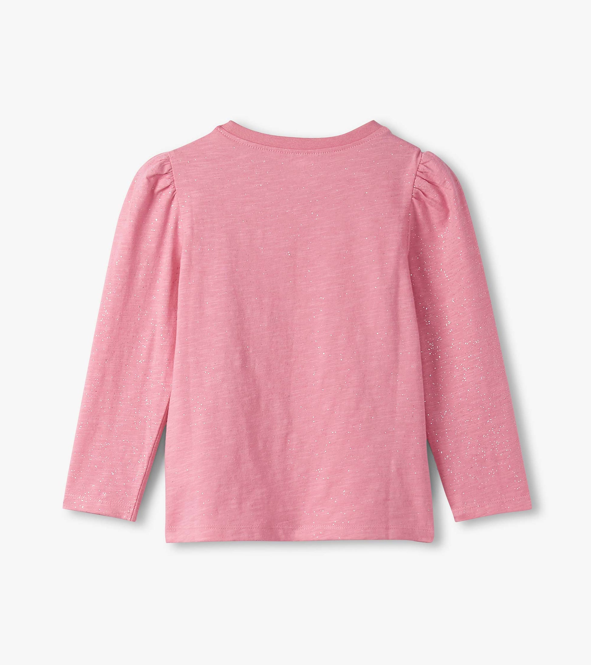 Pink long-sleeve tee with puff sleeves and a subtle sparkle pattern, featuring a round neckline and a relaxed fit.