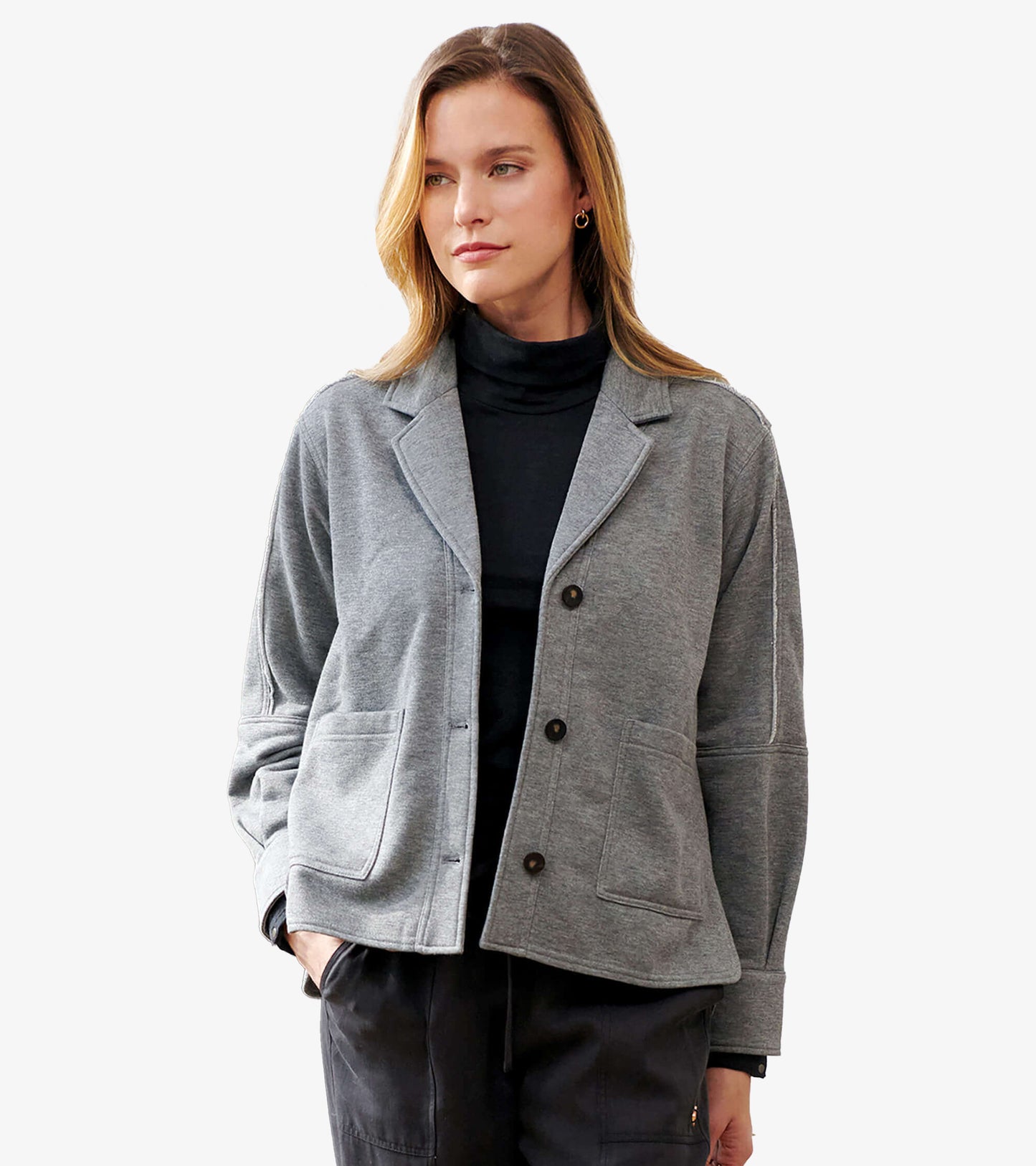 Front view of charcoal melange relaxed blazer with notched lapels, dark buttons and patch pockets