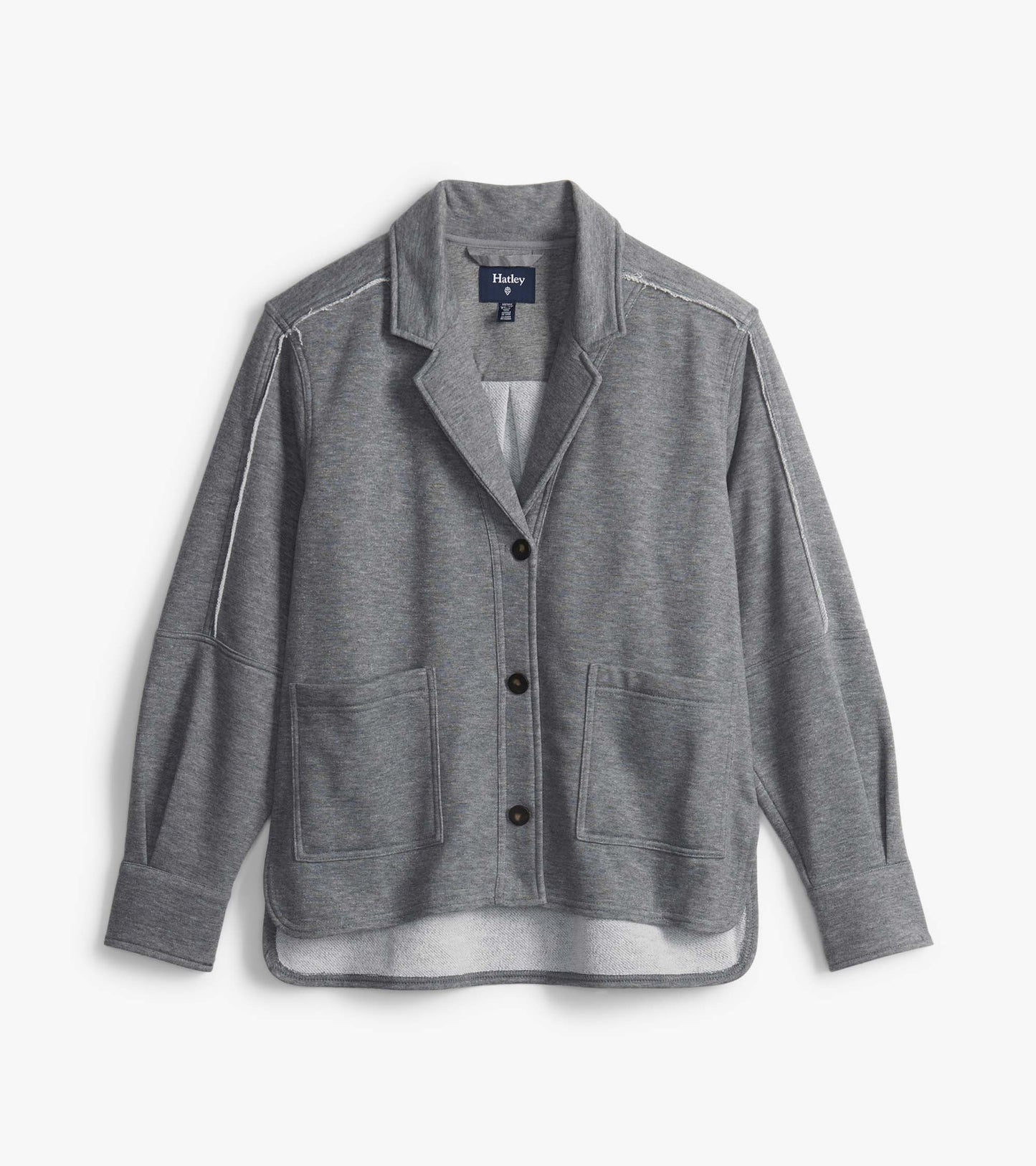Charcoal melange relaxed blazer hanging flat, showing notched lapels, dark buttons and front patch pockets