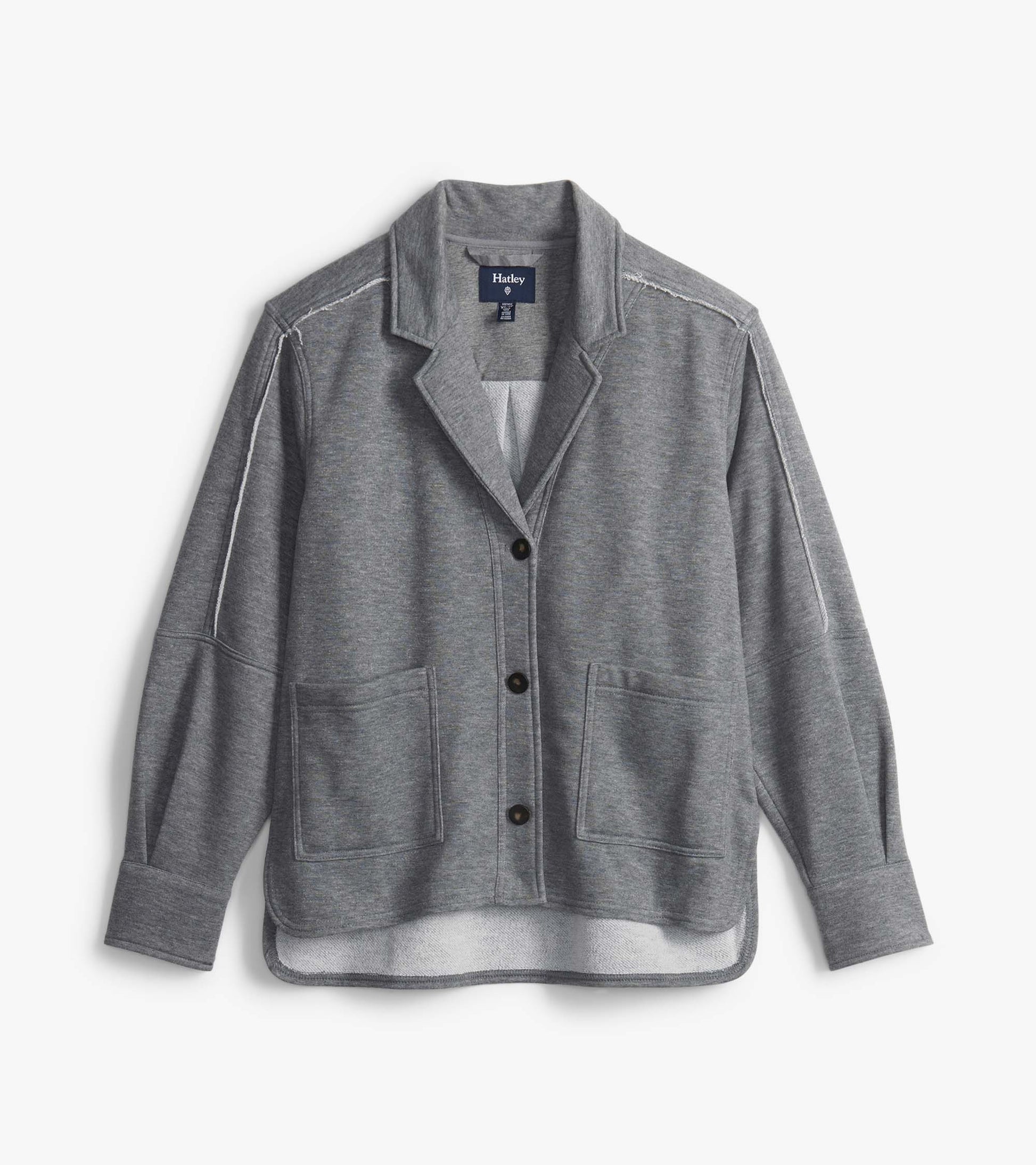 Charcoal melange relaxed blazer hanging flat, showing notched lapels, dark buttons and front patch pockets