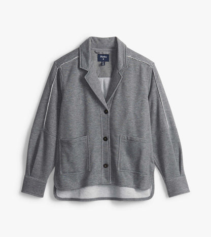 Charcoal melange relaxed blazer hanging flat, showing notched lapels, dark buttons and front patch pockets