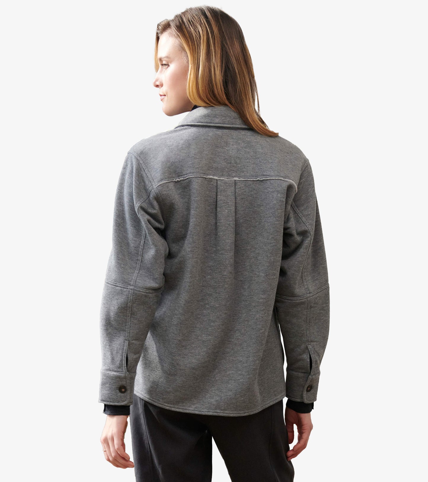 Back view of charcoal melange relaxed blazer with center back pleat and button cuffs