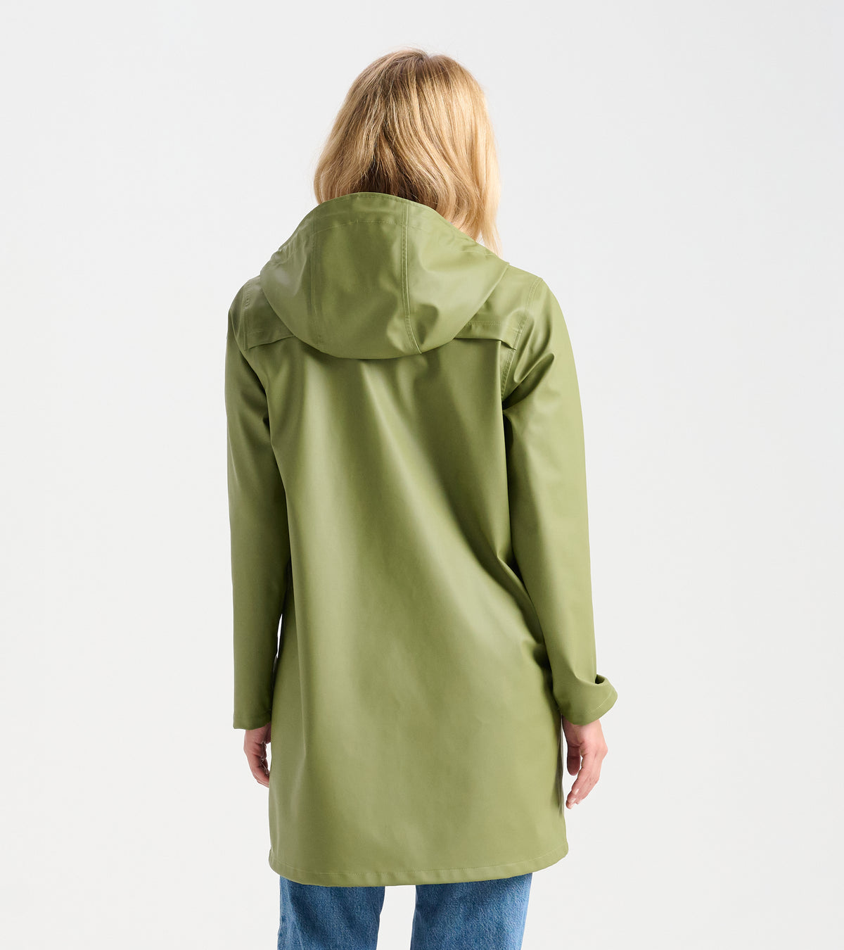 Back view of women's loden green rain jacket with hood and long straight silhouette