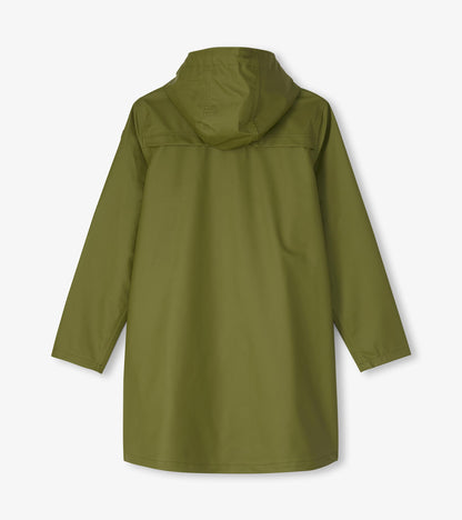 Women's loden green rain jacket back view with hood and yoke seam