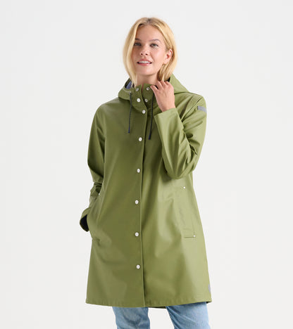 Women's loden green rain jacket, front view with hood, snap closure, drawcords, and front pockets