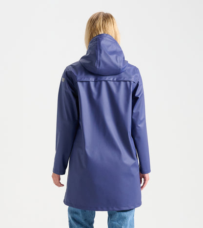 Back view of patriot blue hooded rain jacket on model