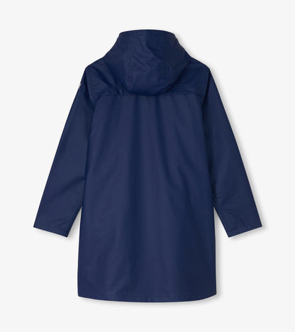 Back view of patriot blue rain jacket with hood and straight hem