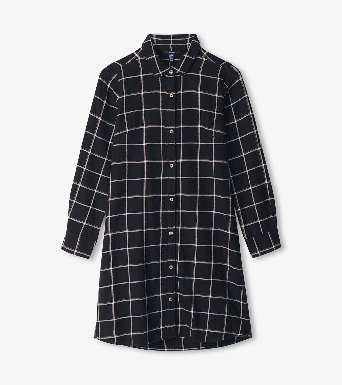 Black windowpane shirt dress with collar, button front, long sleeves, and curved high-low hem