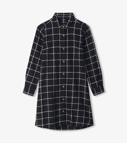 Black windowpane shirt dress with collar, button front, long sleeves, and curved high-low hem