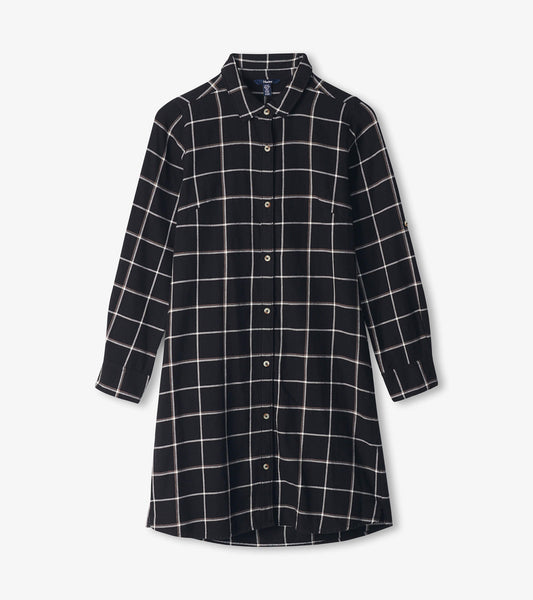 Black windowpane shirt dress with collar, button front, long sleeves, and curved high-low hem