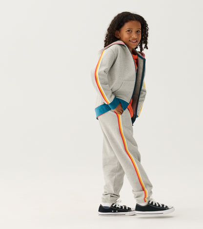 Grey zip-up hoodie with colorful side stripes, worn by a child, featuring a hood and front pockets.