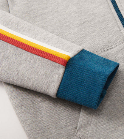 Grey zip-up hoodie featuring colorful striped accents on the sleeves and a teal cuff. Ideal for athletic wear.